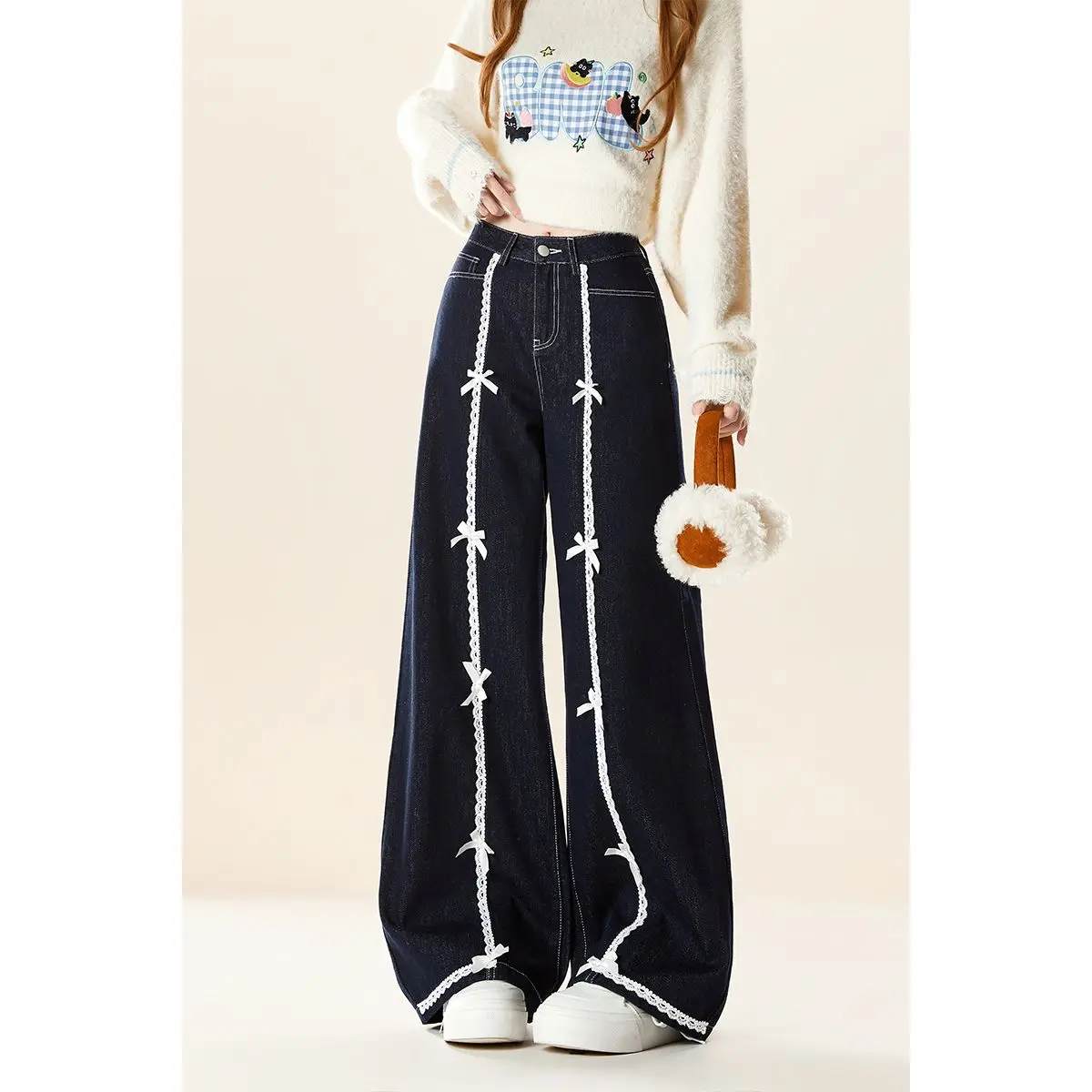 

Women's Deep Blue Lace Bow Denim Pants Y2K Cute Harajuku Design 2000S Style High Street High Waist Denim Pants Clothing