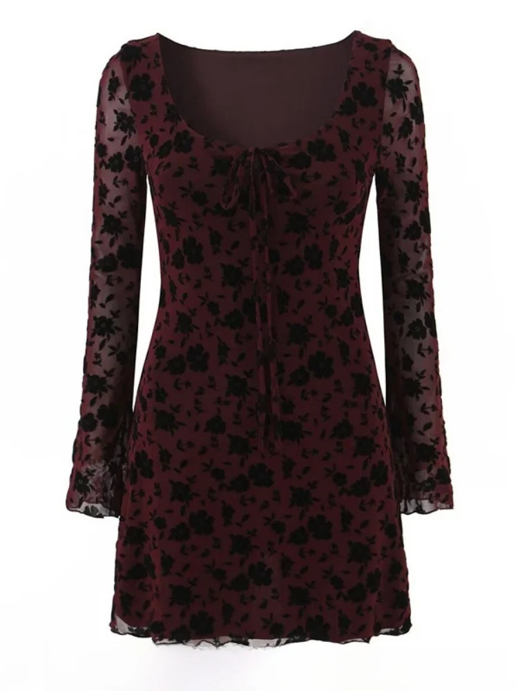 

Сексуальное модное женское платье с длинным рукавом и принтом, с низким вырезом, осеннее, новинка, для повседневной носки, А-силуэт