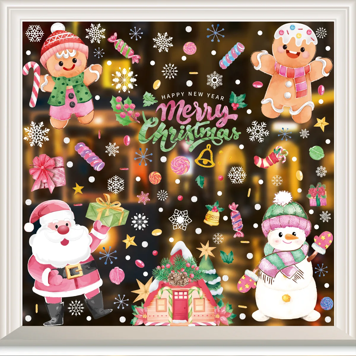 Christmas Pink Window Stickers Santa Claus Snowman Reindeer Gingerbread Man Glass Decal Christmas Home Decor 2026 New Year Gifts