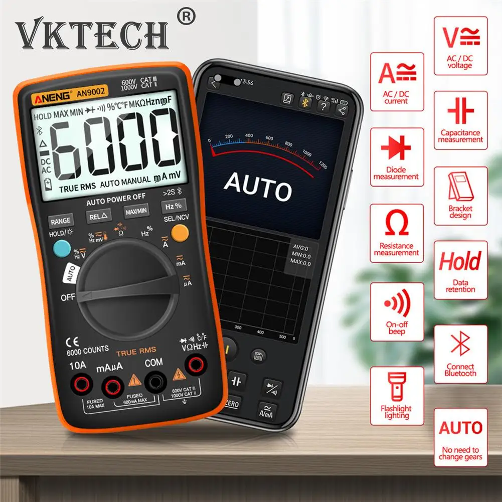 AN9002 Bluetooth Digital Multimeter 6000 Counts Professional MultimetroTrue RMS AC/DC Current Voltage Tester Auto-Range