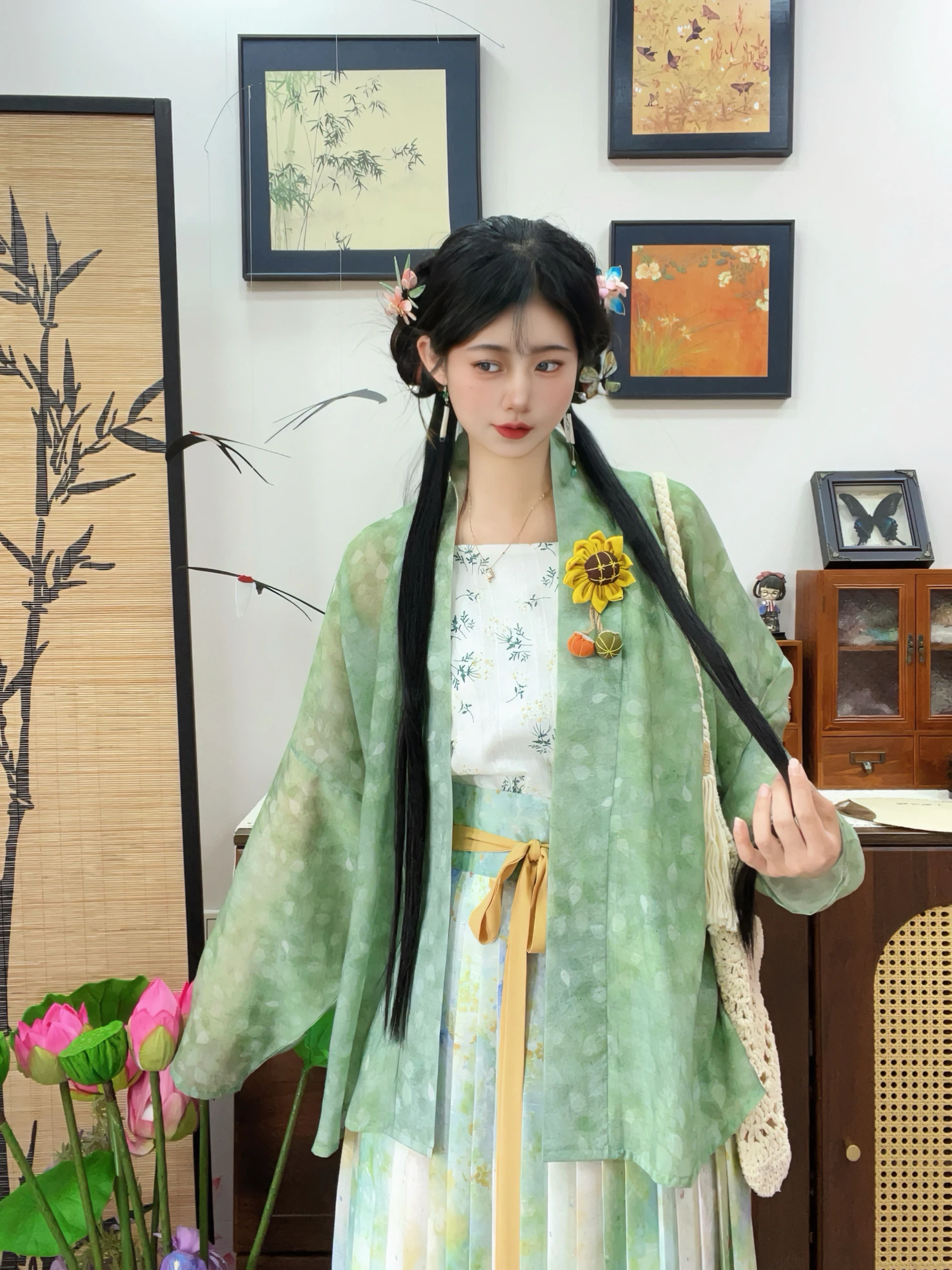 

Комплект Ханьфу из чистого хлопка с оригинальным легким воздушным шарфом-накидкой и модифицированной юбкой-миди с сотней складок для женщин, весна 2025