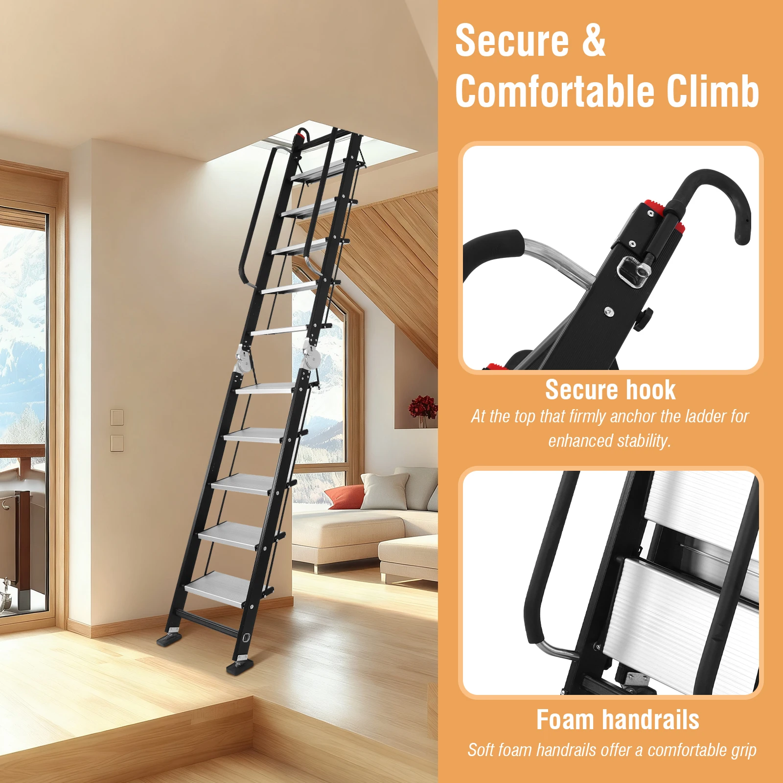 Escalera Plegable de Aluminio para Ático, 9.5 pies, 10 Peldaños, con Pasamanos y Ganchos para Aberturas Pequeñas, Carga Máxima 330 Libras