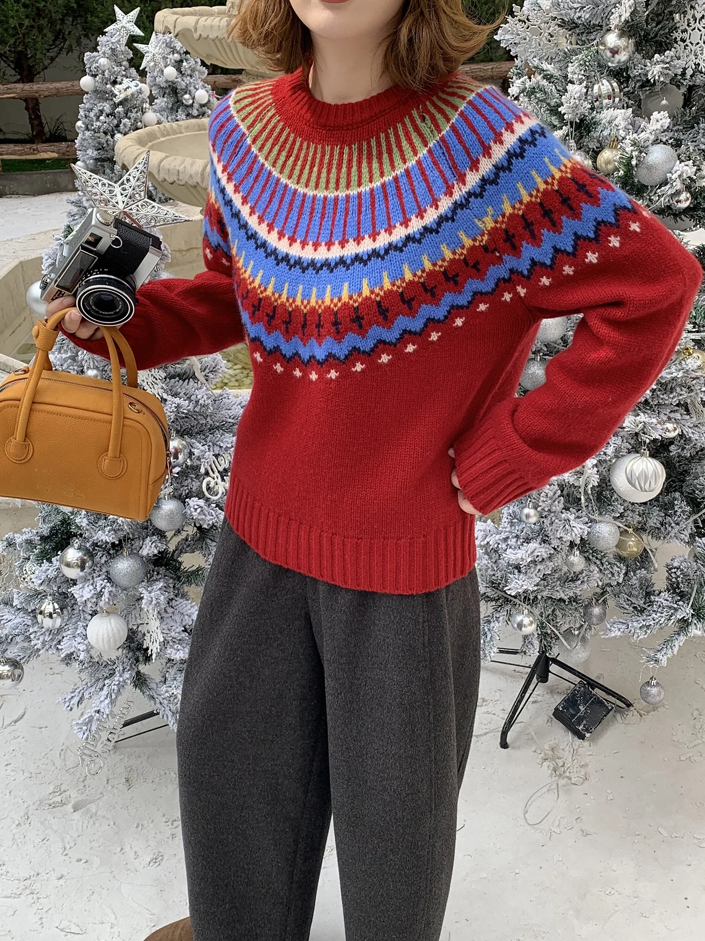 

ELINSU 00% Wool Fair Isle Knit Sweater Women Loose round Ne Color Blo Pattern Warm Winter Sweater Commute Sle