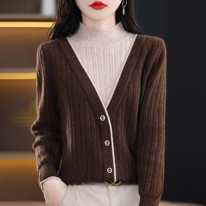 2023 Autumn Winter New Half High Neck Sweater Women Contrast Button Korean Simple Loose Splice Fake Two Piece Long Sleeve Tops