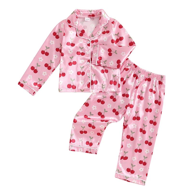 

Little Girls Pajama Sets Lapel Neck Button-up Tops Elastic Waist Long Pant Cherry Butterfly Print Loungewear Set