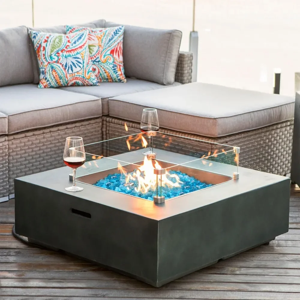 

Outdoor Propane Fire Pit Table，50,000 BTU Stainless Steel Burner, Aqua Blue Fire Glass and Rain Cover, Metal Lid，Fire Pit Table