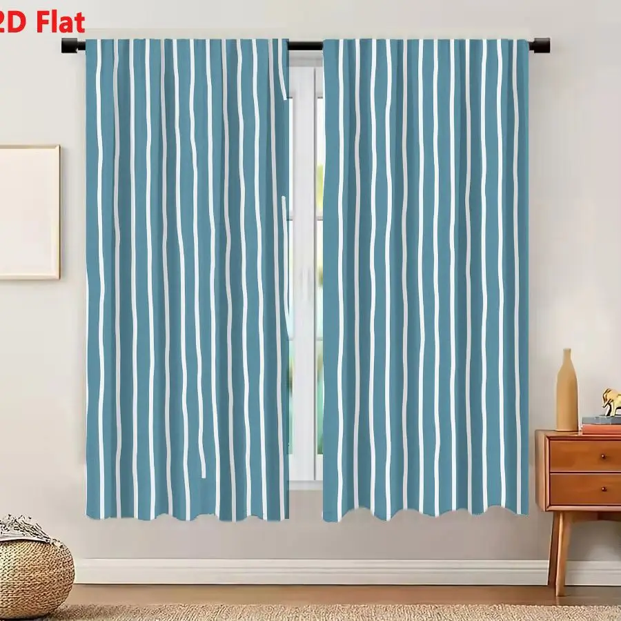 2Pcs Curtains 2D Flat Blue Background With Irregular White Wavy Lines Textured Organic Decorative Wallpaper-Like Pattern Window