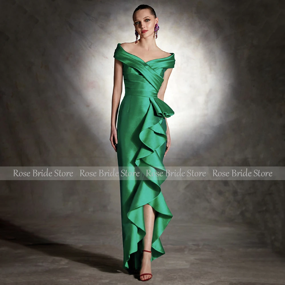 Emerald Green Evening Dresses for Wedding Off the Shoulder Mermaid Gowns Long Ruffle V Neck Trumpet Formal Party Dress