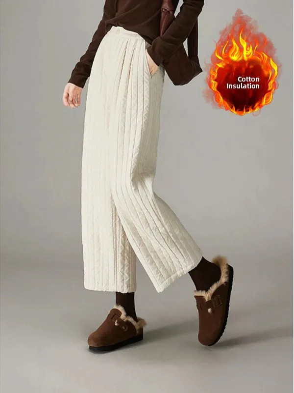 Calças retrô artísticas acolchoadas de algodão com pernas largas, cintura alta, corte reto, calças casuais, emagrecimento, calças de algodão quentes para plus S...