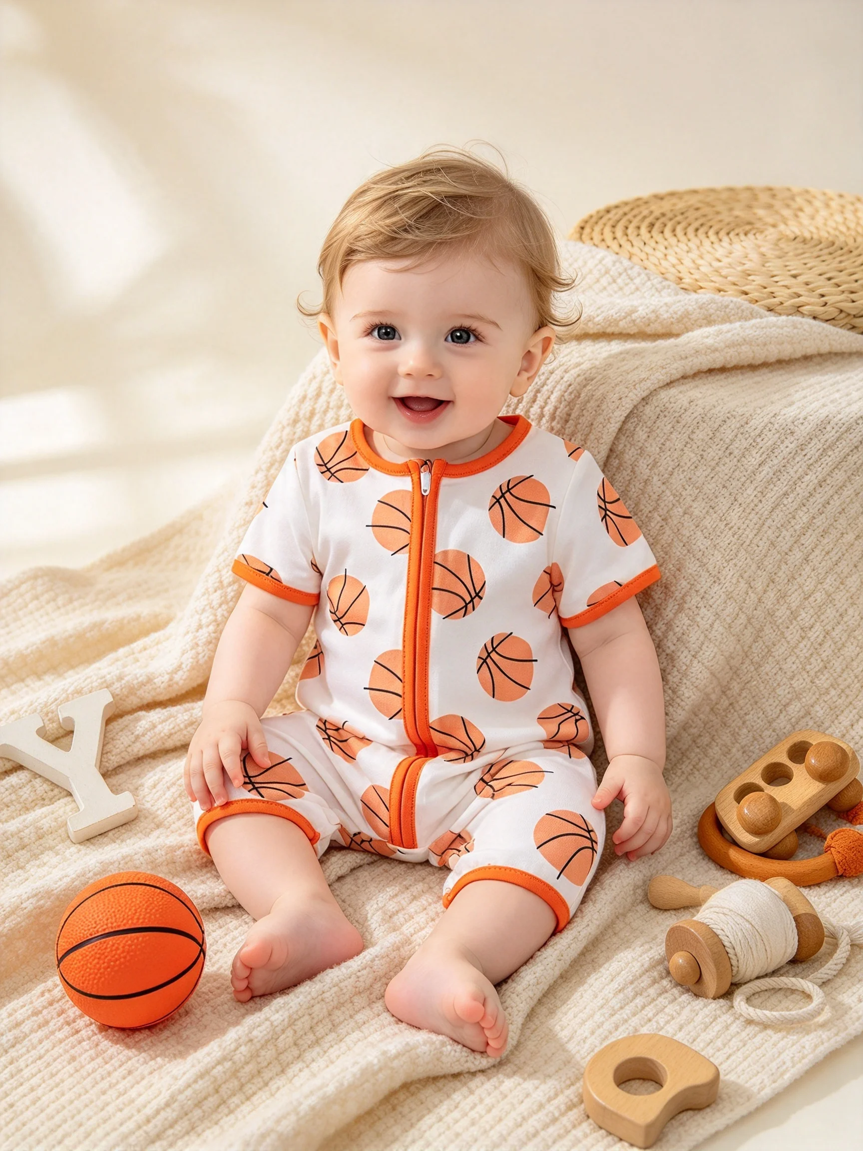 Baby Basketball Print Romper, Short Sleeve Zip-Up Jumpsuit, Orange Trim, Infant One-Piece Outfit for Play and Everyday Wear