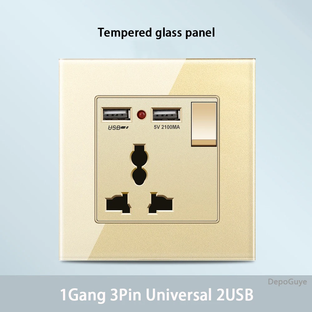 Gold Universal Tempered Glass Wall Socket,UK 13A power outlet with USB Type C 18W Quick Charge,Home Light Electric Switch Panel image 3