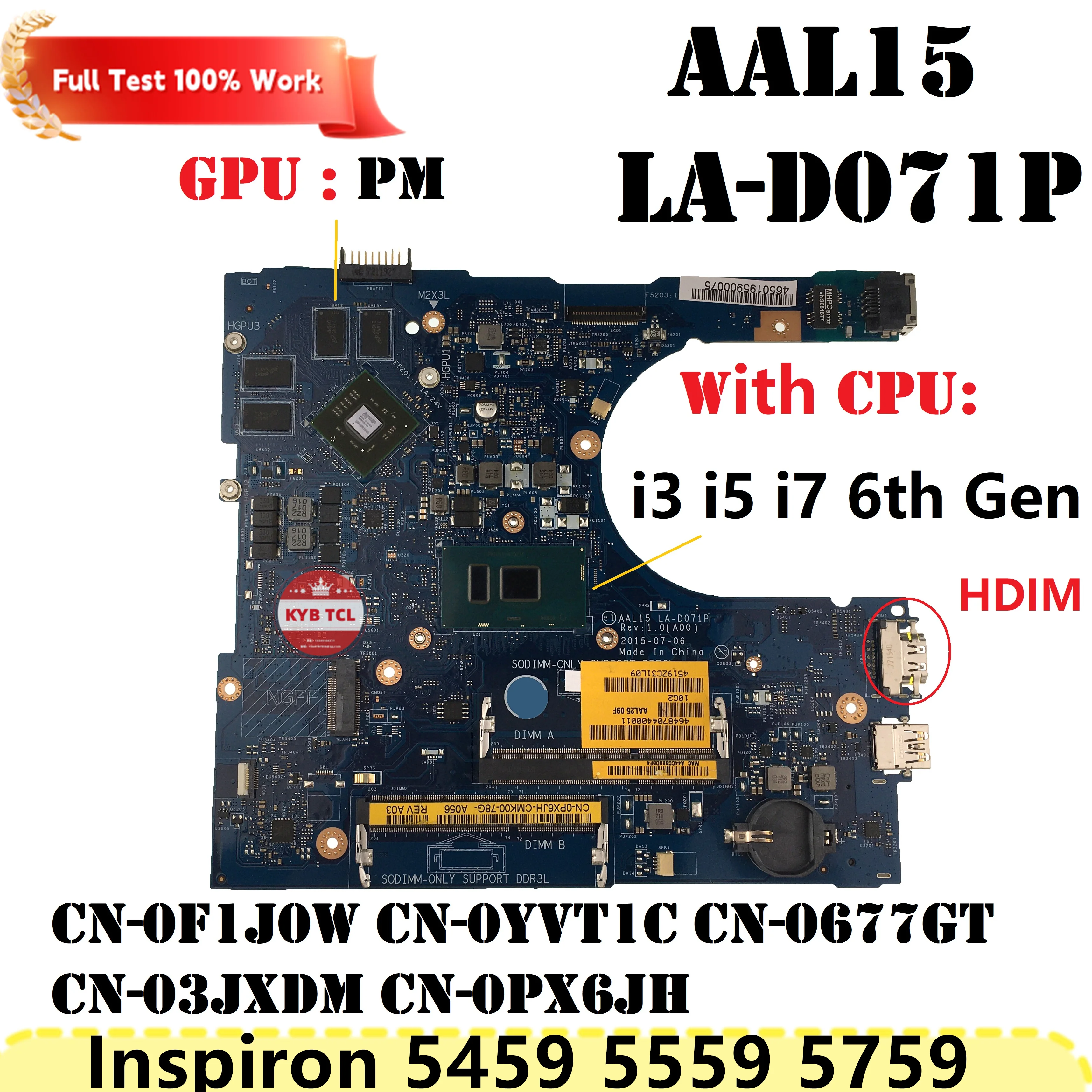 PX6JH 0677GT 03JXDM CN-0PX6JH Mainboard AAL15 LA-D071P For Dell Inspiron 5459 5559 5759 Laptop Motherboard 677GT 03JXDM Notebook