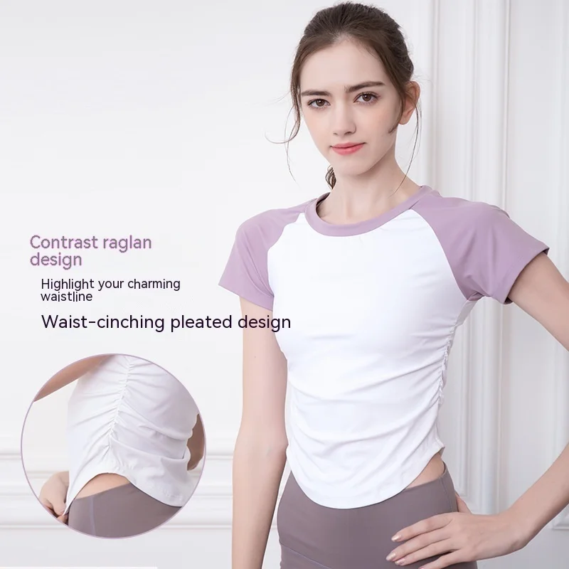 Fitness Clothing New Tops Women Tight Pleated Slim Waisted Sports Yoga Clothing Round neck Color collision Short Sleeve