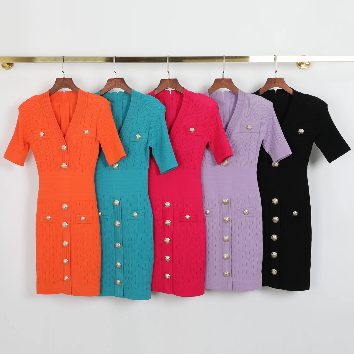 

2665 High-quality Multi Color New Fashionable Knitted Elastic Fabric V-neck Slim Fit Short Sleeved Button Up Women's Dress