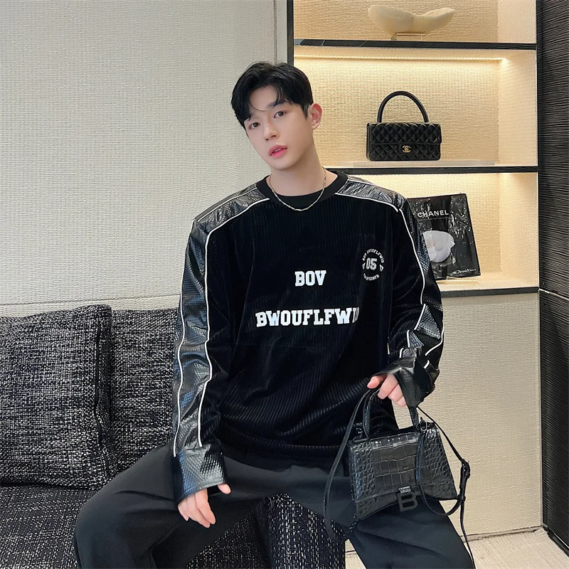 

Loose Velvet Patchwork Leather Fce round Ne Hoodie for Men Spring Autumn Trendy Brand Casual Comfortable Youth Sle