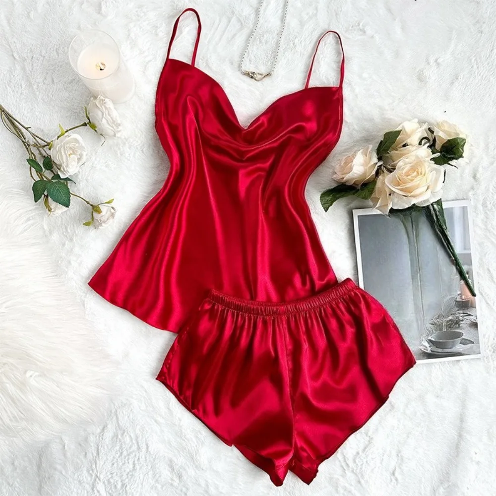 

Imitation Silk Two-piece Set of Women's Home Clothes Loose Suspenders Women's Summer Vest Shorts Casual Thin Pajamas
