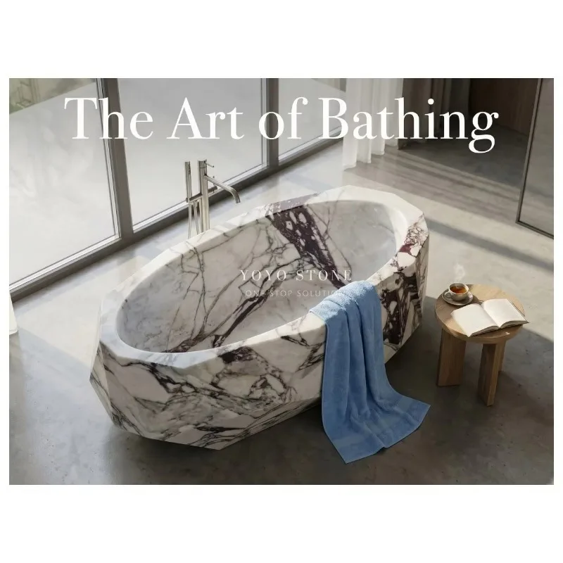 Luxury Calacatta Viola Marble Bathtub Freestanding Fluted Design Natural Stone For Hotel Villa Bathroom Spa