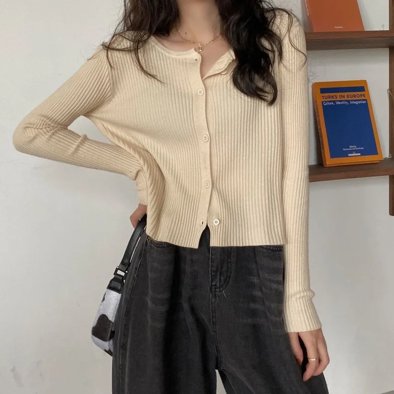 Long Sleeve Chic Korean Button Up Fashion Cardigan Women Casual Knitted Ropa Mujer Ribbed Single Breasted Aesthetic Apricot Top