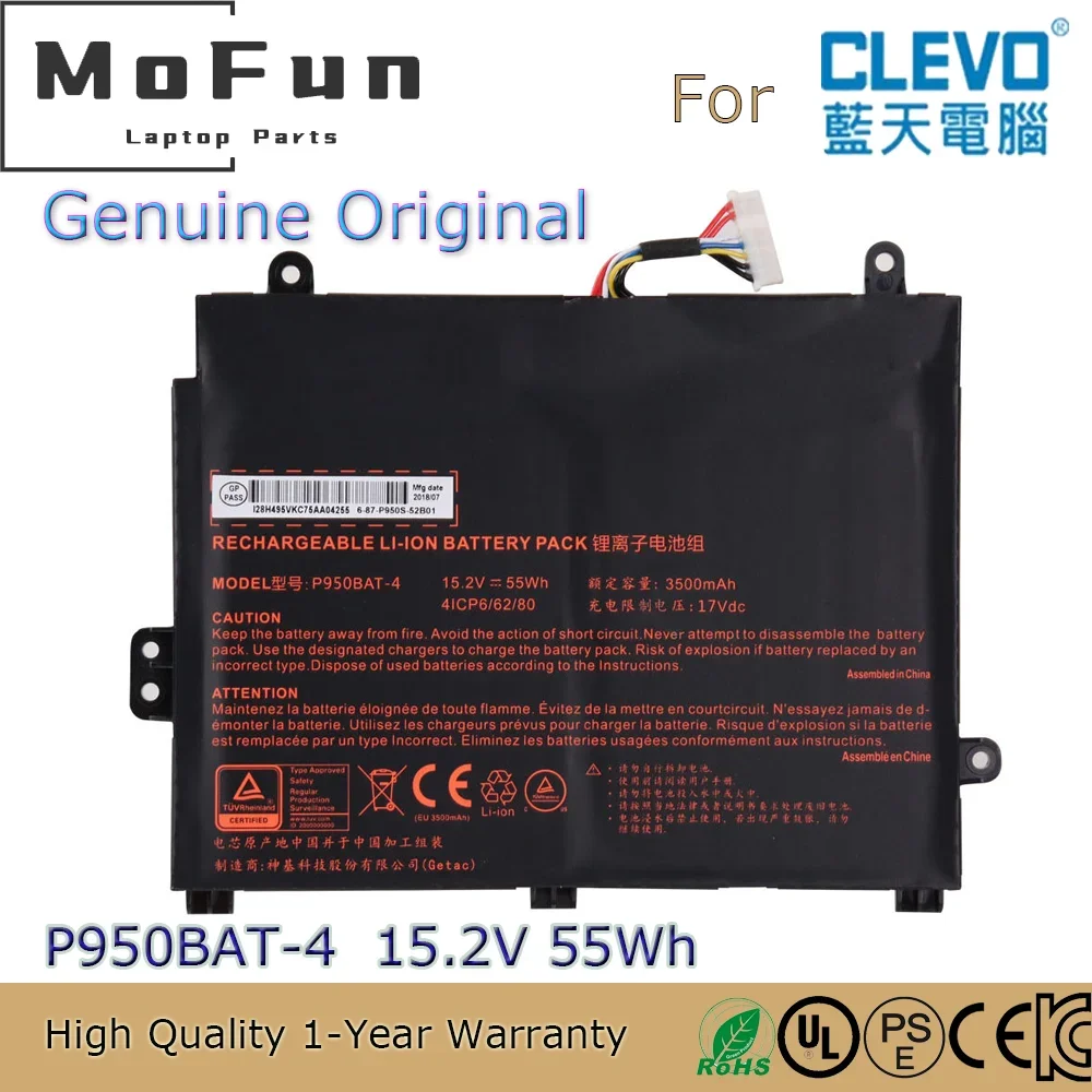 

Brand New Original P950BAT-4 15.2V 55Wh Laptop Battery for Clevo P950HP P957HR P950HR NP8955 6-87-P950S-51E00 4ICP5/65/80 etc.
