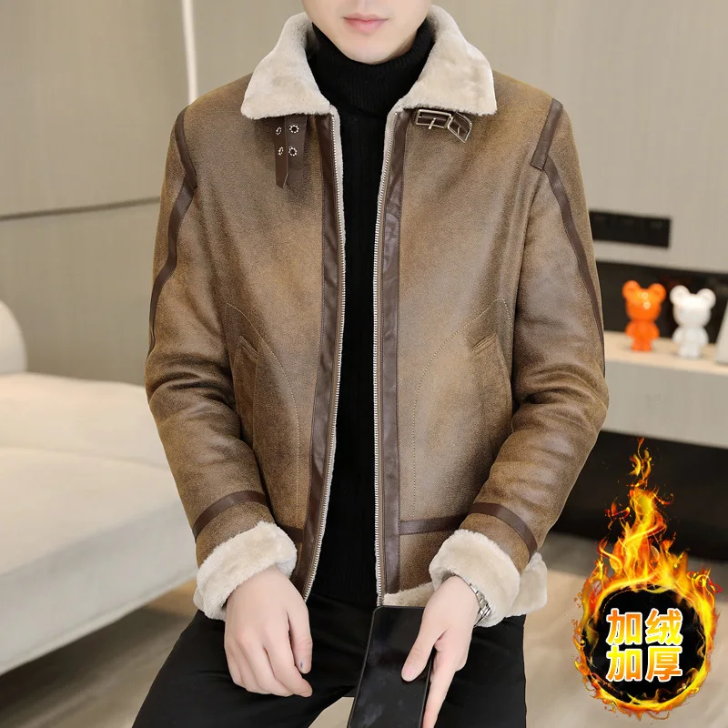 2023 Winter Fur Leather Jacket Men Lapel Motorcycle Jacket Plus Velvet Padded Warm Casual Streetwear Social Coat Men Clothing