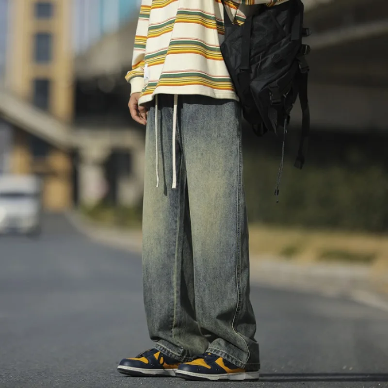2024 New Jeans Men Korean Style Fashion Versatile Solid Color Loose Straight Drawstring Full Length High Street Denim Pants Male