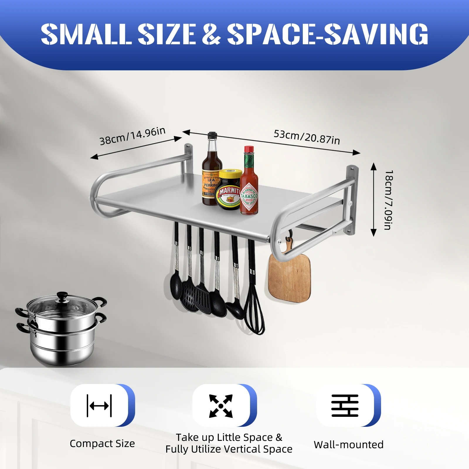Space Saving Wall Mounted Microwave Stand Shelf 30kg Load 66lbs Hooks Kitchen Spice Rack Storage Organizer for Home