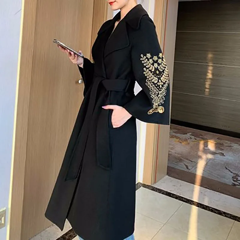 Double-sided Cashmere Coat Female 2023 Autumn Winter New Embroidery Lacing Highend Wool Coat Fashion Elegant Luxury Women Jacket