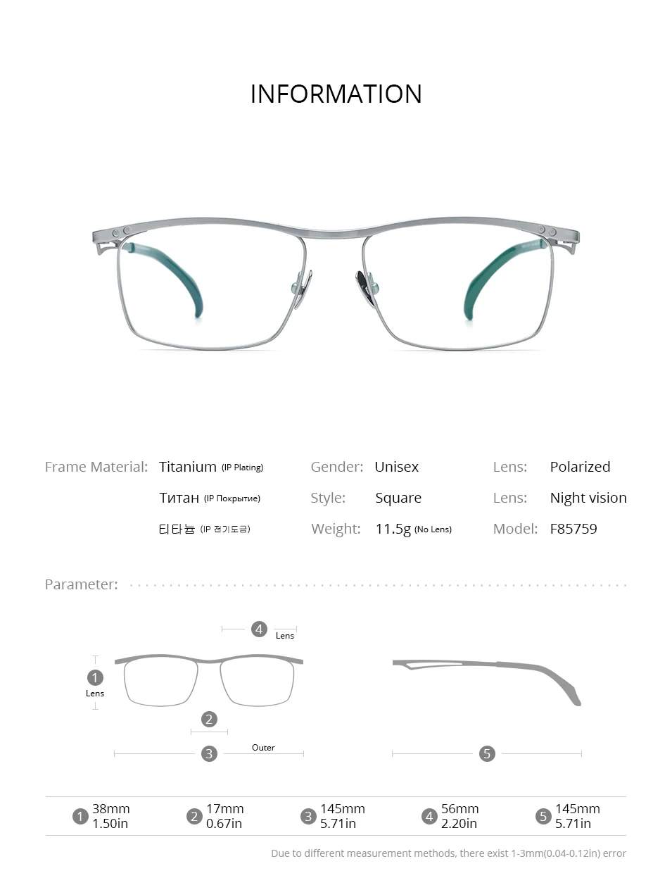 FONEX Titan-Brillengestell für Herren, quadratisch, Magnet-Clip, Nachtsicht und polarisierte Linse, japanische ultraleichte Brillen 85759 – Detail 5
