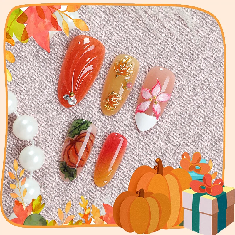 30Pcs Almond Pumpkin Press on Nails Gradient Frowers False Nail for Women&Girls Thanksgiving Day Detachable Wearable Nail