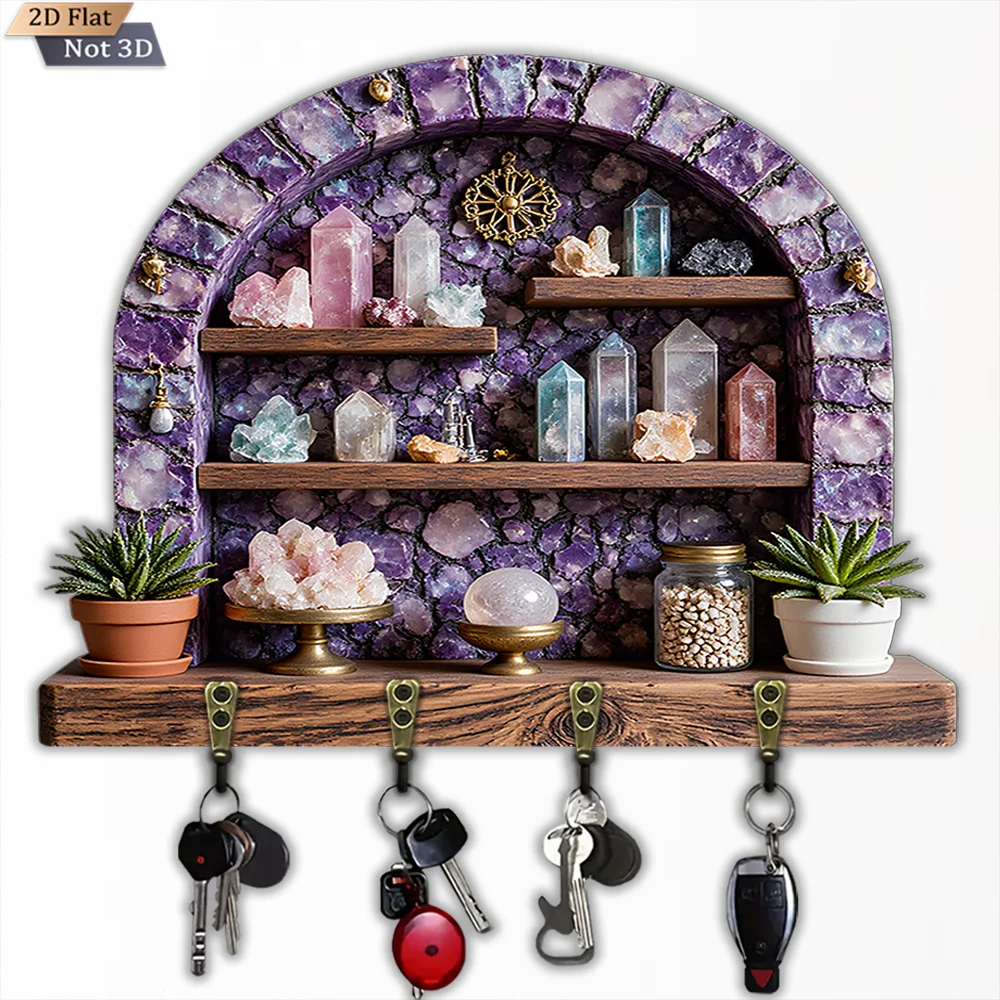 2D Flach, 1 Stück, Schlüsselhaken mit Amethyst-Steinmuster, Multifunktionaler Holz-Schlüsselhaken für Zuhause, mit Vier Metallhaken, Wandmontage