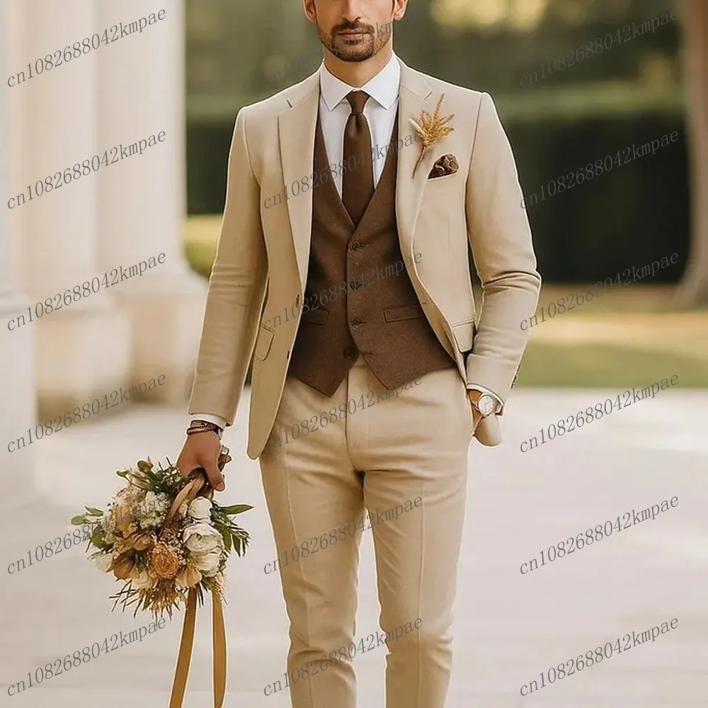 

New Beige And Brown Formal Men Suit Groom Groomsman Wedding Party Prom Business Male Tuxedos 3 Piece Set Blazer Vest Pants
