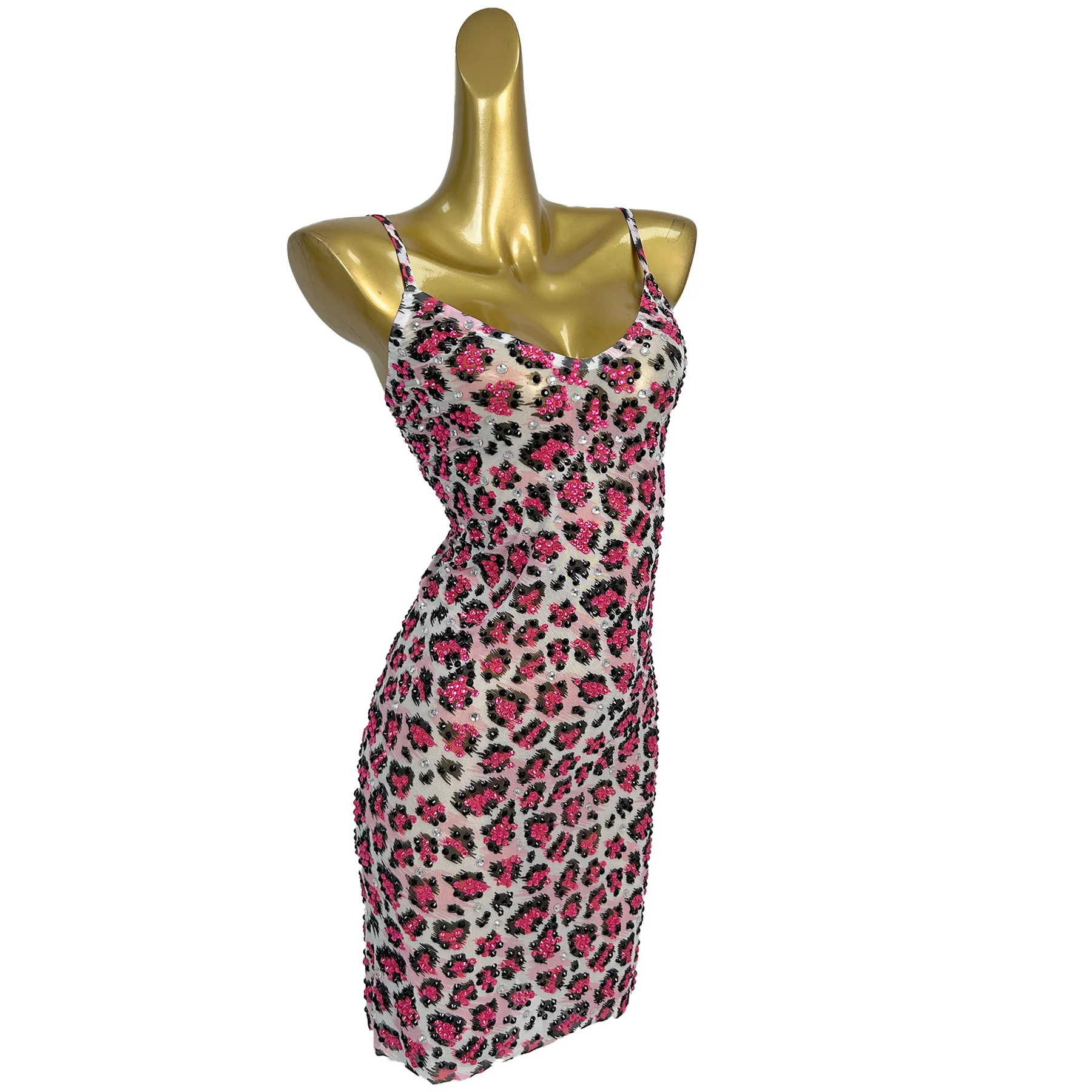 

Birthday Party Sparkly Crystals Slip Mini Dress Women Sexy Leopard Print Mesh Cocktail Dress Event High-end Outfit Fenhongbao