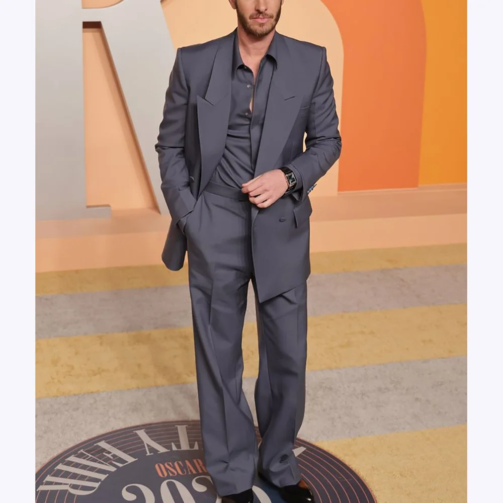 

Loose Casual Men Suits Double Breasted Peak Lapel 2 Piece Smart Casual High Quality Daily Office Business Meeting Men's Clothing