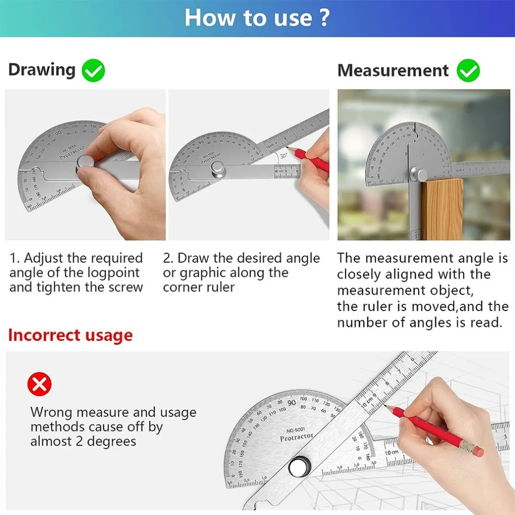 Angle Meter Measure Protractor Ruler Metal Finder 180 Degree Guage Goniometer Stainless Steel Woodworking Wood Measurement Tool