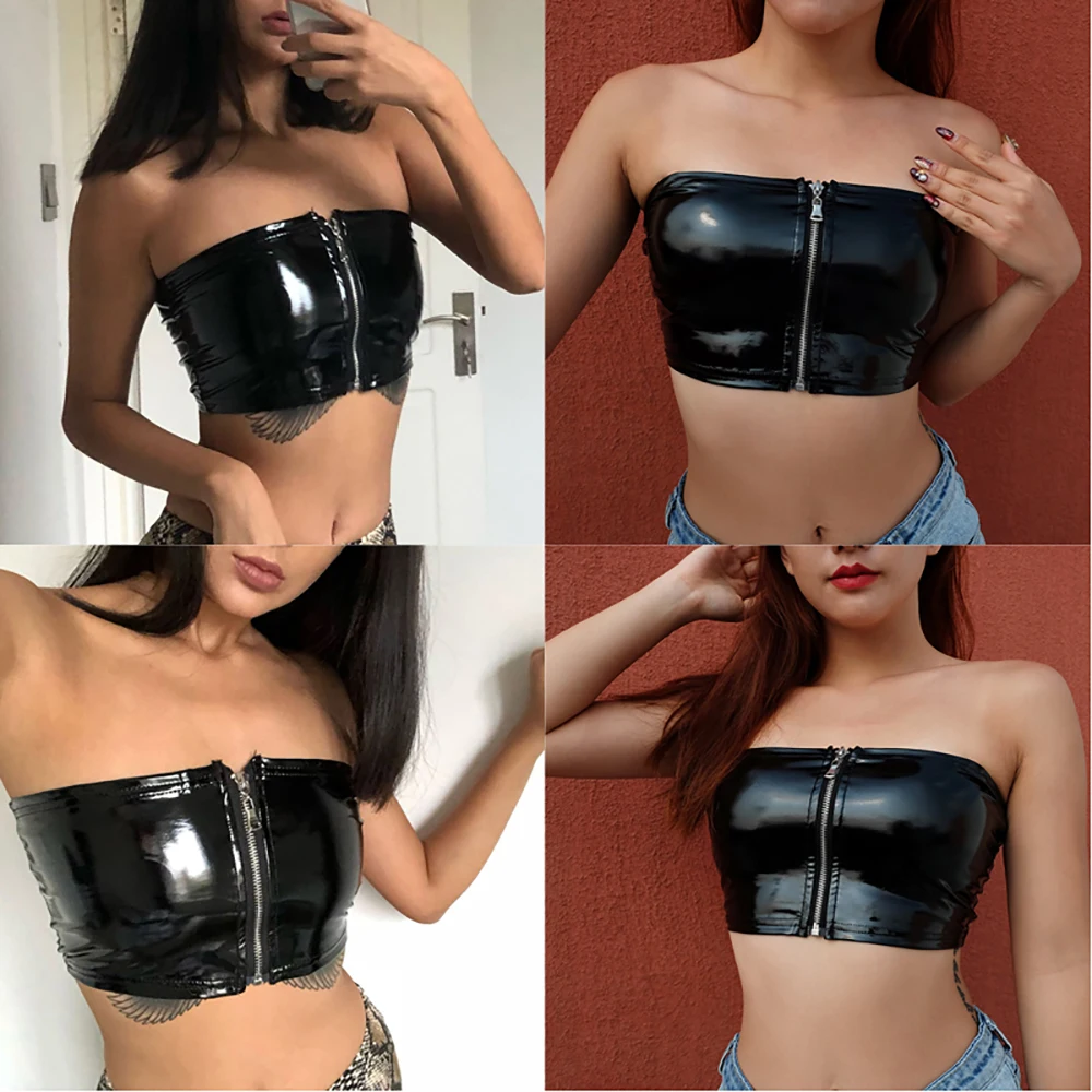 Camisetas sin mangas para mujer, Tops sexys de cuero PU, sujetador, chaleco con cremallera, Top corto informal sin mangas para fiesta en club nocturno