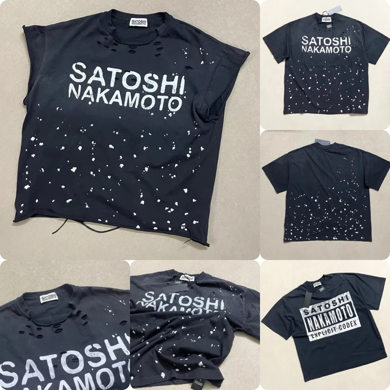 Ripped Hole Satoshi Nakamoto T-shirt High Quality Splash-ink Pattern Short Sleeve Retro Casual Loose Round Neck T Shirts