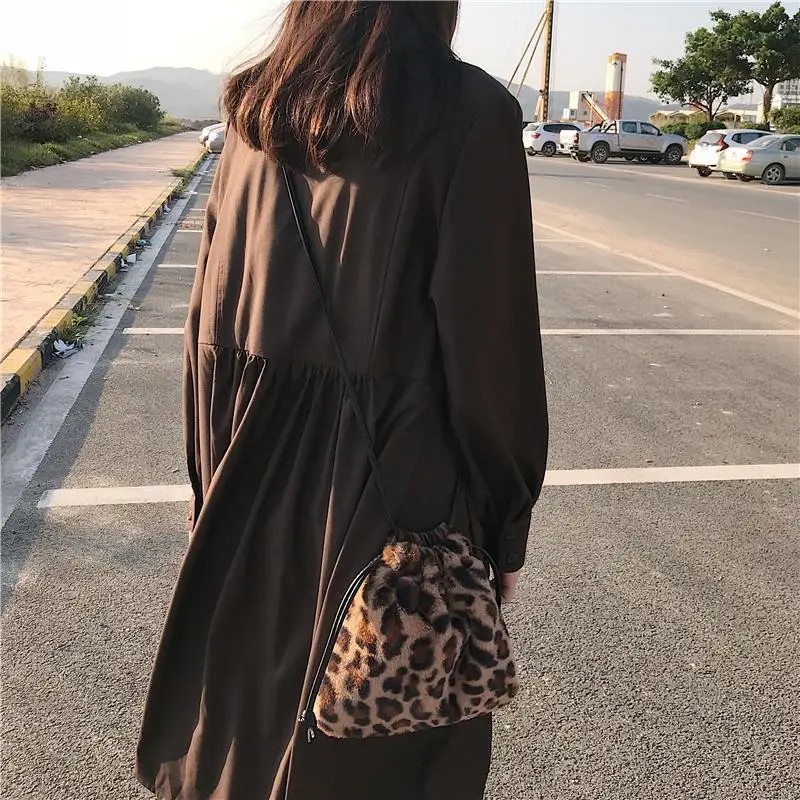 Girl Bag Furry Retro Leopard Bag Women 2023 Autumn and Winter New All-in-one Crossbody Bag Draw String Mini Handbag