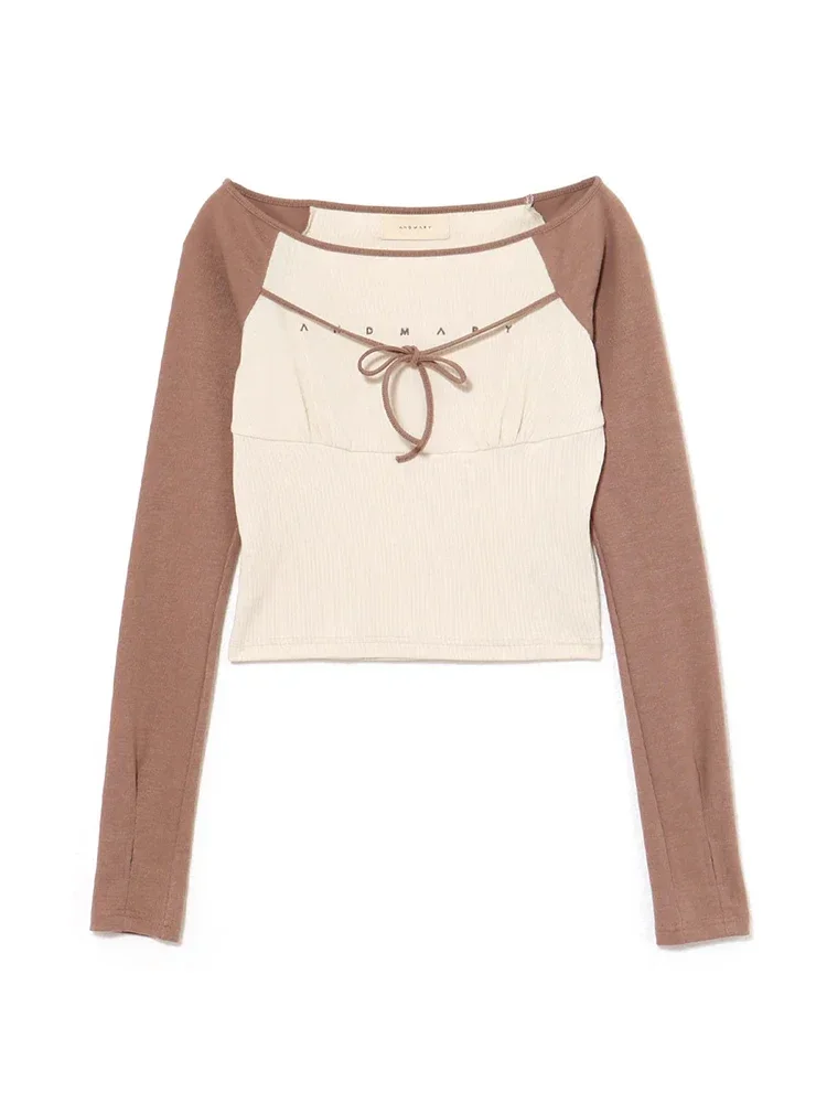 T-shirt a maniche lunghe abbinate ai colori casuali femminili in stile giapponese nuovo autunno Camicie corte da donna elastiche con lacci