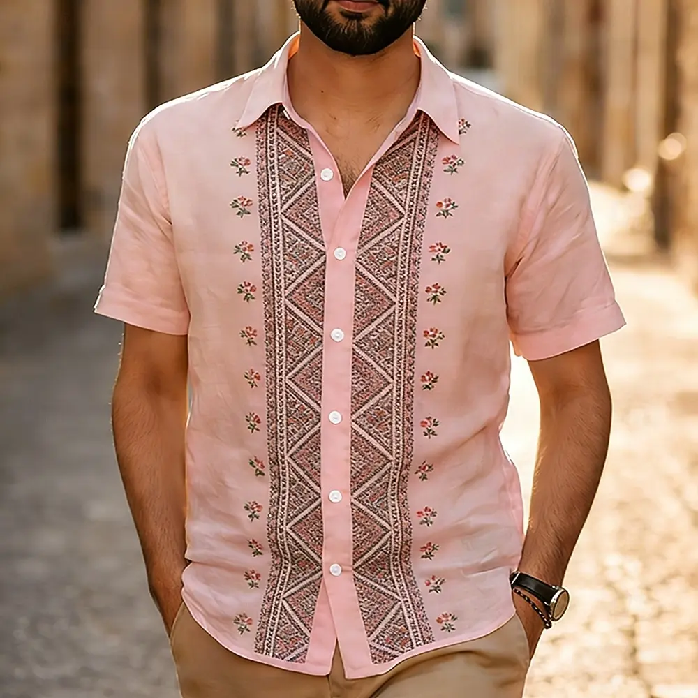 Men's Ethnic Geometric Floral Short Sleeve Shirt, For Summer Vacation, Beach Wedding, Daily Wear & Office Casual