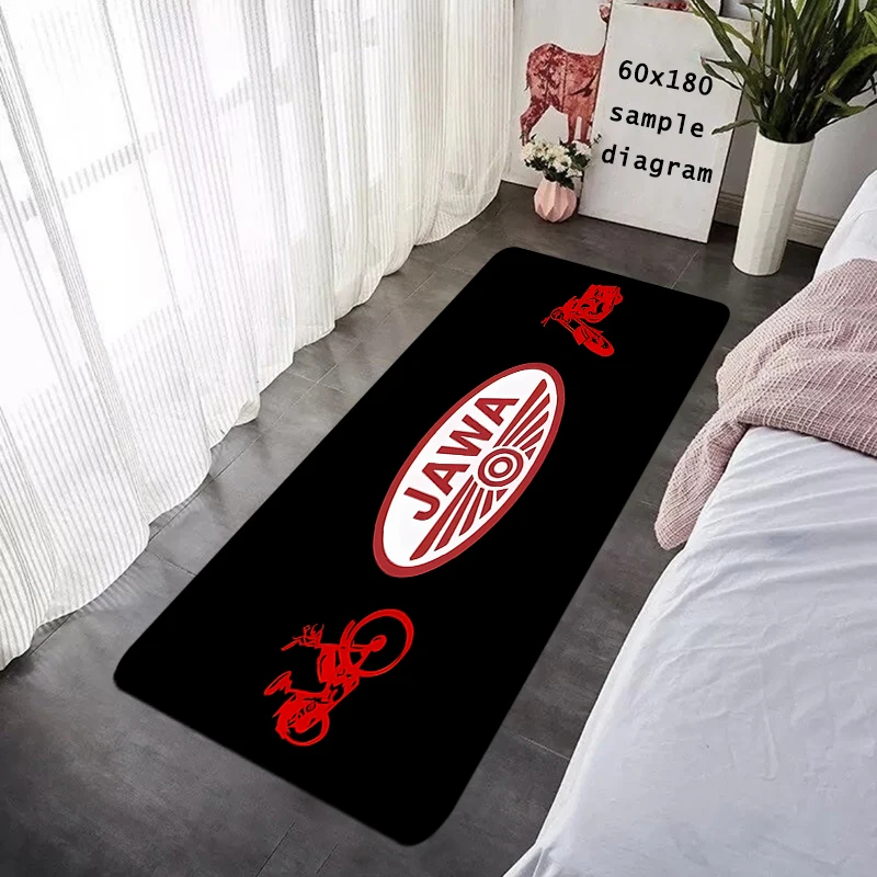 VIKAMA Motorcycle Long Floor Mat, Black Garage Rug with Red JAWA Style Graphic, Decorative Pit Area Carpet for Workshop Parking