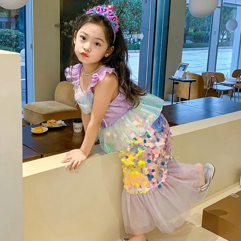 Mermaid Charm Dress Cosplay Costumes Kids Birthday Prom Party Sequined Princess Dress Girl Halloween Clothing Fancy Dress Up