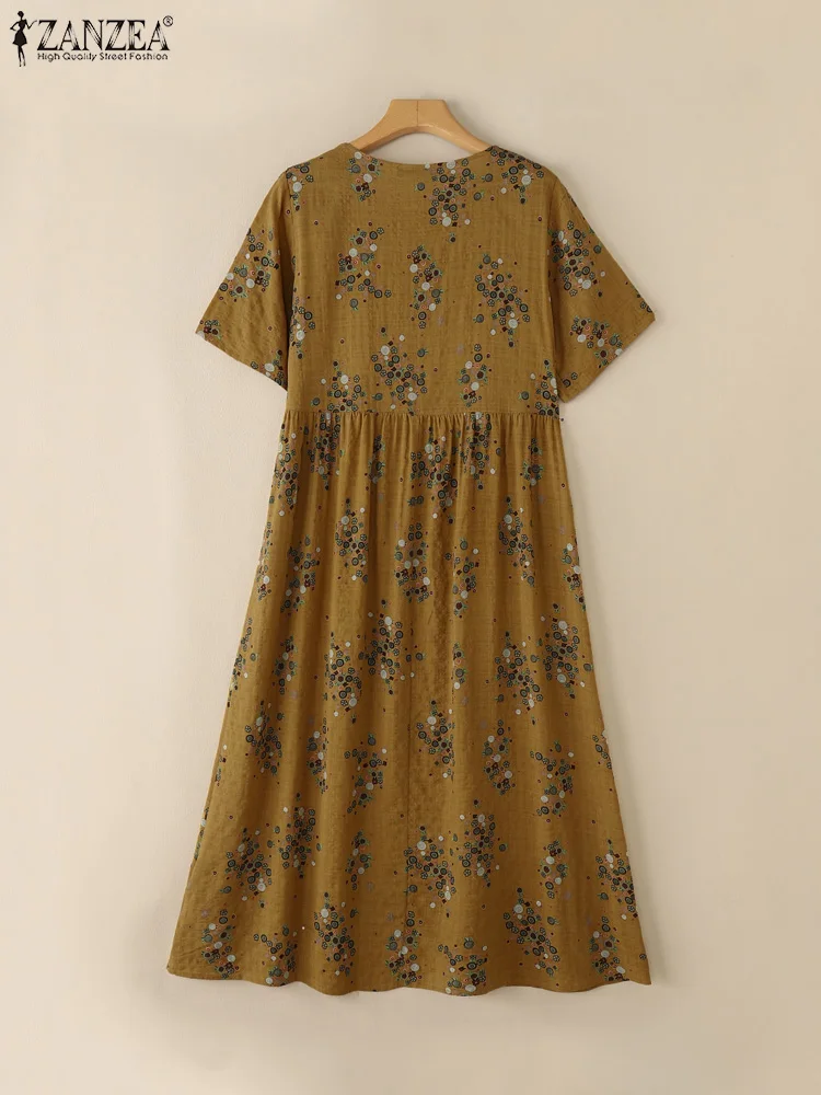 Letnie sukienki Maxi z nadrukiem ZANZEA 2025 Kobiety Vintage Sukienka z krótkim rękawem Casual Holiday Sundress Bohemain O Neck Loose Vestidos