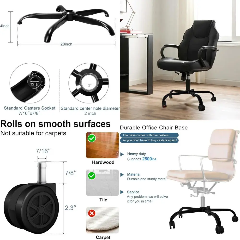 

28 Inch Heavy-Duty Metal Base for Computer Desk Chair with 5 Casters, Supports 2500 Lbs