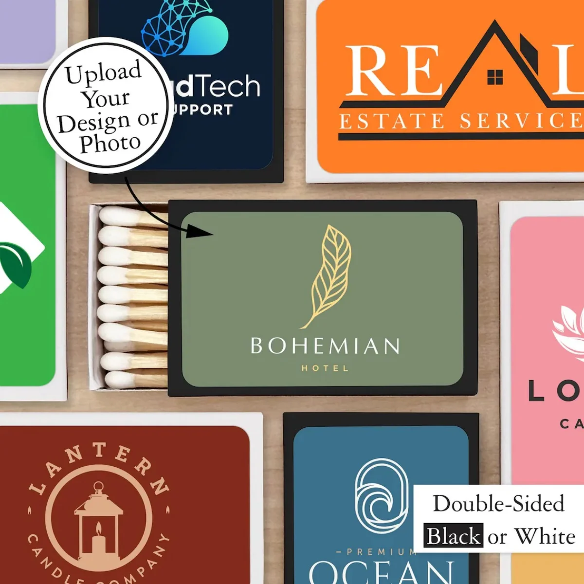 

Custom Match Boxes, Custom Logo, DOUBLE SIDED, Personalized Matches, Corporate Match Boxes, Custom Black or White Matchboxes - S