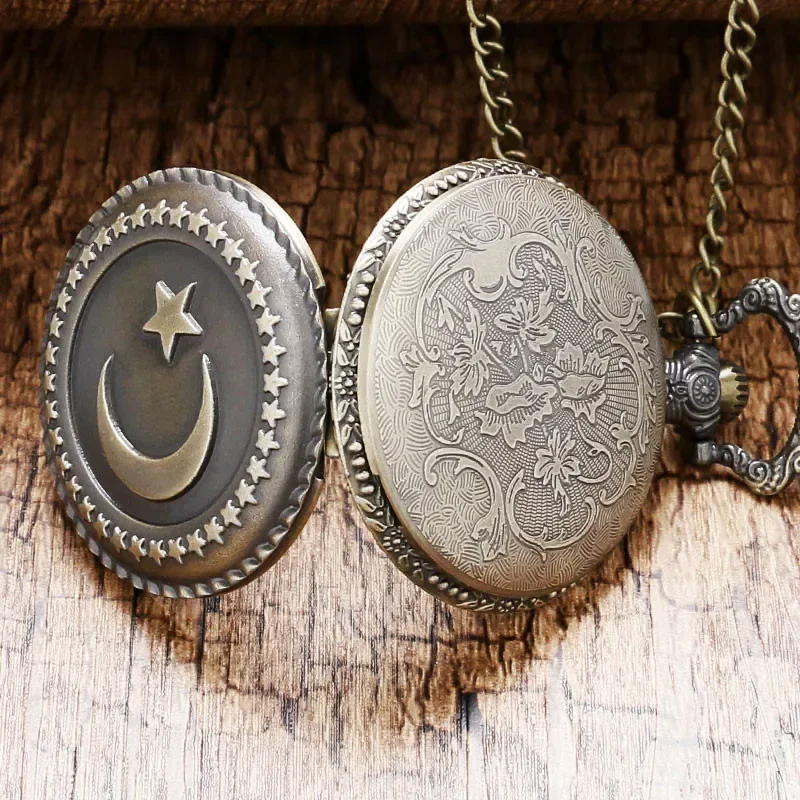 Bronze Engraved Moon Star Turkey Flag Design Men Women Quartz Analog Pocket Watch with Sweater Chain Full Hunter Clock Gift