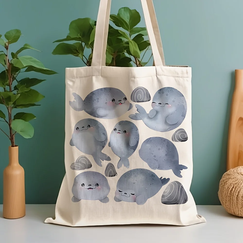 A Cute marine creatures pattern print canvas tote bag, suitable for daily use, shopping, school, and travel