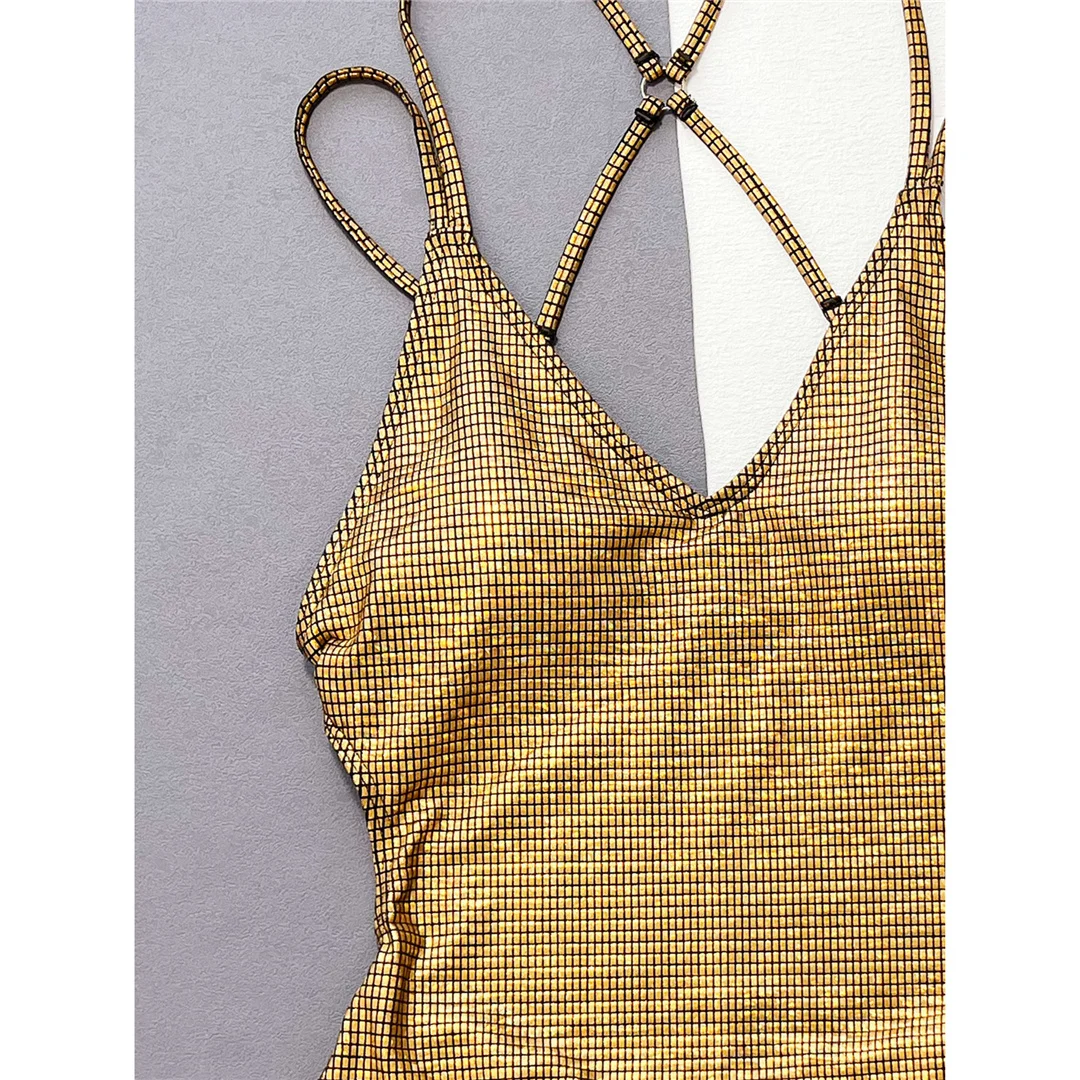 Sexy Badeanzug mit goldenen Pailletten, überkreuztem Rücken, einteilig, Damen-Bademode, Scrunch-Butt-Effekt, hoher Beinausschnitt, Badeanzug, Schwimmanzug V4967 – Detail 10