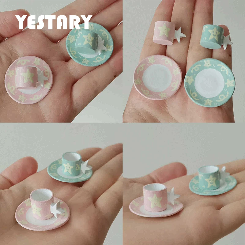 YESTARY Bjd Dolls Teacups 2PCS/Set For 1/6 Blythe Ob11 Ob24 1/12 Dolls Miniature Dollhouse Accessories Hand Painted Star Teacups