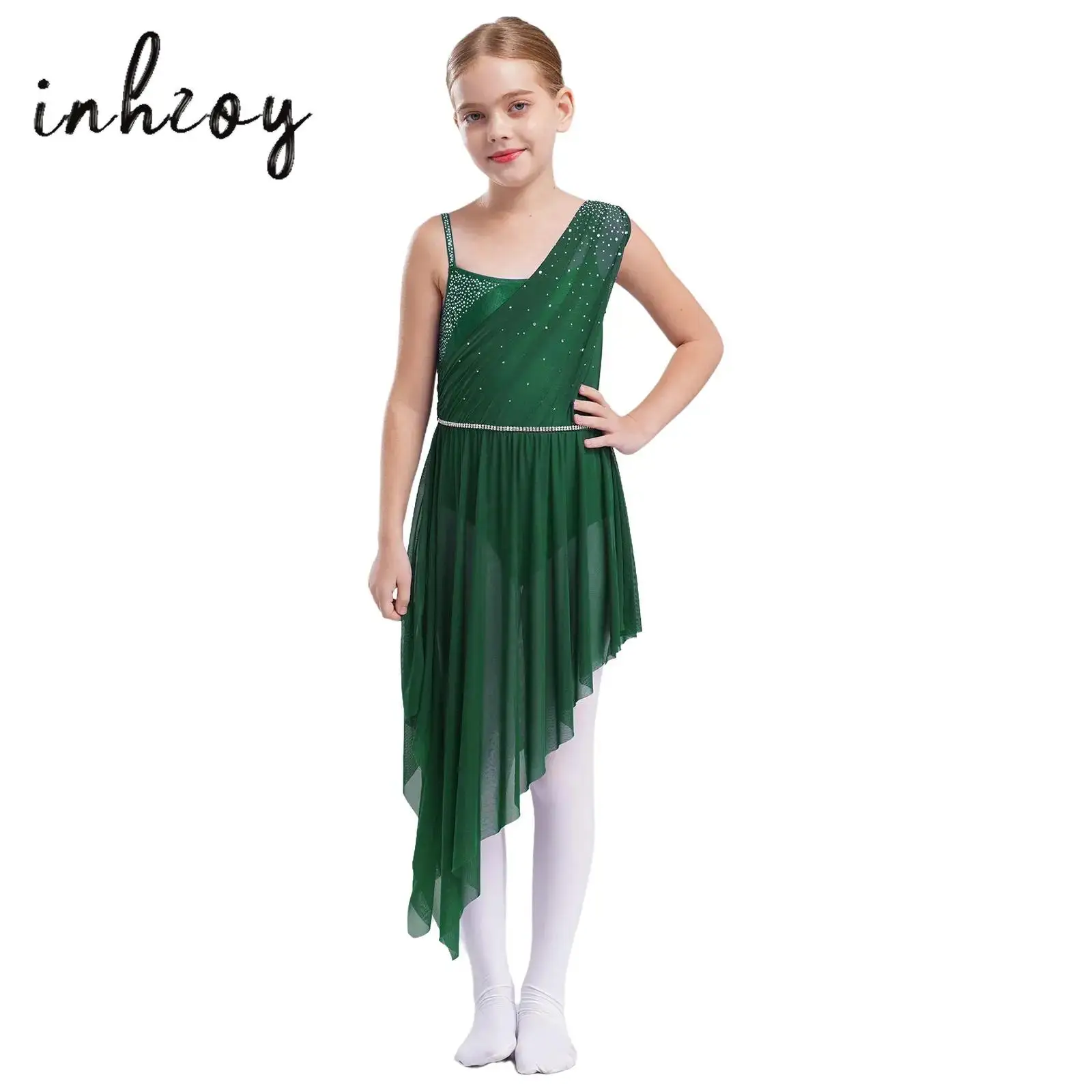 

Kids Girls Asymmetrical Lyrical Dance Dresses Ballet Dancewear Performance Costume Sleeveless Spaghetti Straps Rhinestones Dress