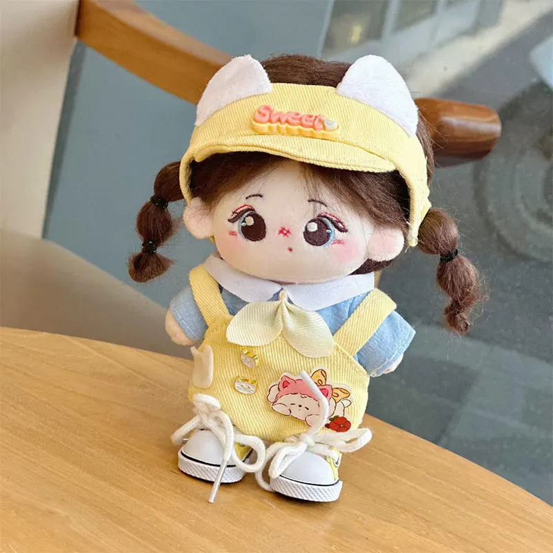 

10cm Plush Toy Doll Clothes Fashion Cute Yellow Overalls Sun Hat Blue Top Color Blocked Shoes Set Plush Doll Pretty Accessories